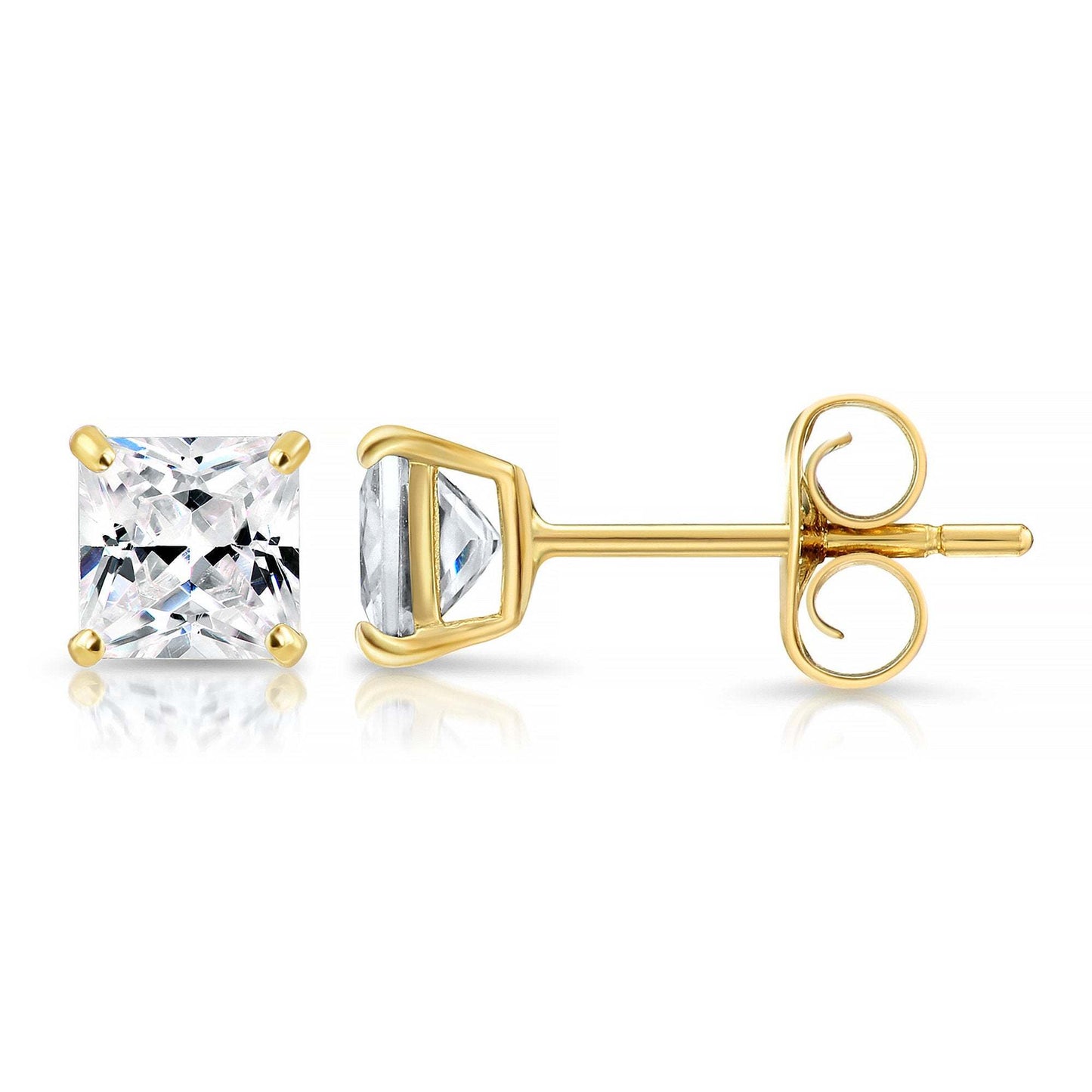 SET OF 3! 14K Solid Gold Earrings, Square Studs with Cubic Zirconia Stones and 14K Solid Gold Butterfly Push-backings