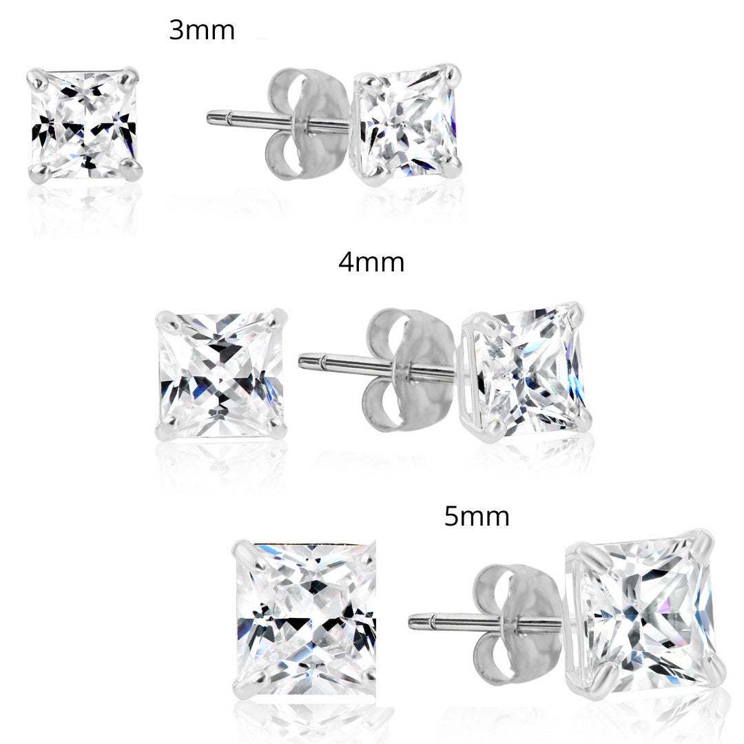 SET OF 3! 14K Solid Gold Earrings, Square Studs with Cubic Zirconia Stones and 14K Solid Gold Butterfly Push-backings