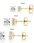 Bundle SET OF 3! 14K Solid Gold Earrings, Square CZ Studs Sizes 3mm, 4mm, 5mm, With Pushbacks
