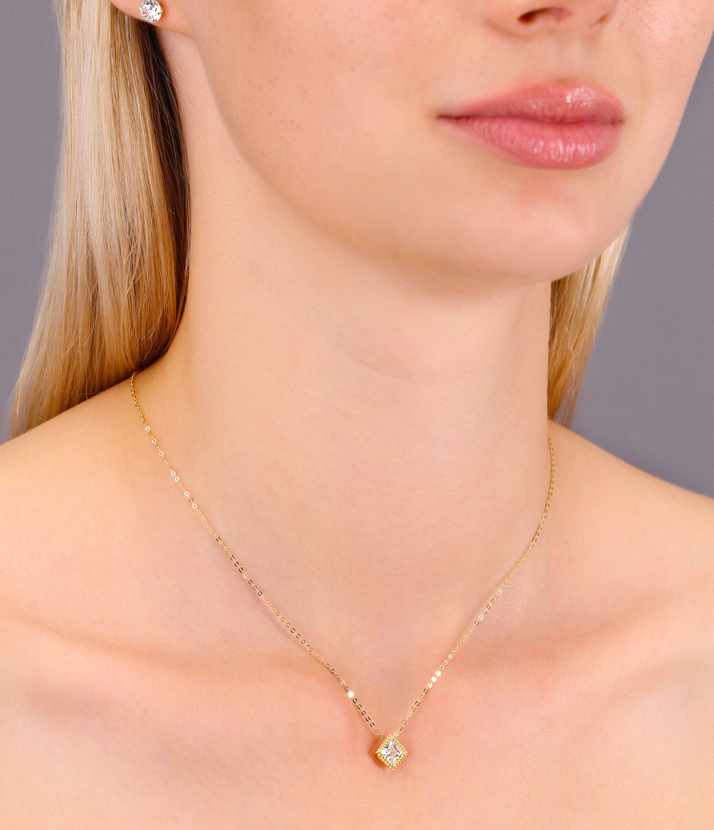 14K Yellow Gold Princess Necklace, Diamond Shape