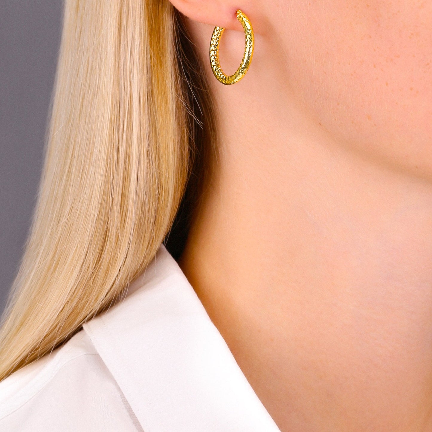 14k Yellow Gold Textured Hoop Earrings, The Alligator Collection