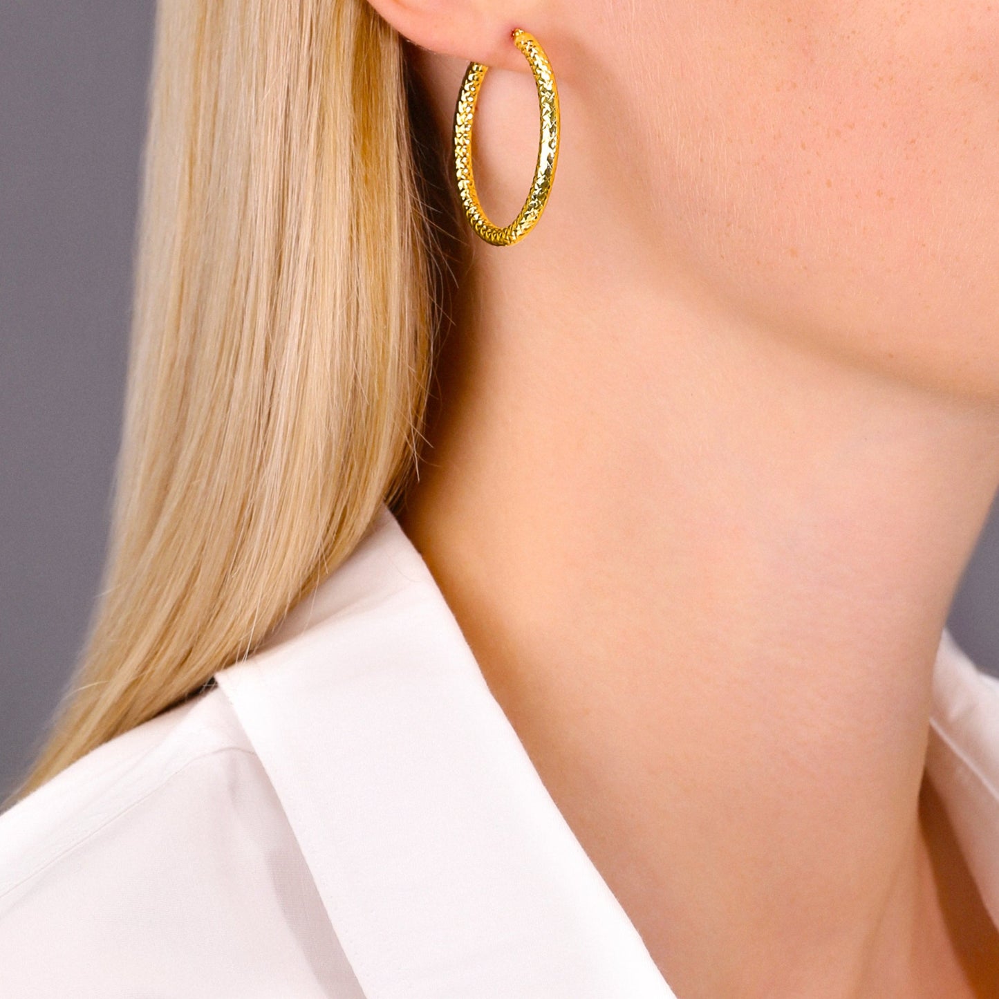 14k Yellow Gold Textured Hoop Earrings, The Alligator Collection