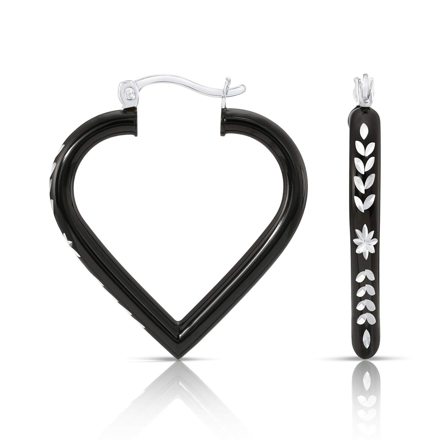 Sterling Silver Fancy Glossy Black Diamond-cut Heart Hoop Earrings