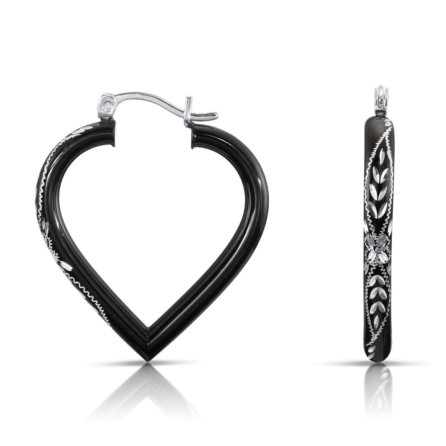 Sterling Silver Fancy Glossy Black Diamond-cut Heart Hoop Earrings