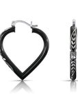 Fancy Glossy Black Diamond-cut Heart Hoop Earrings in Sterling Silver