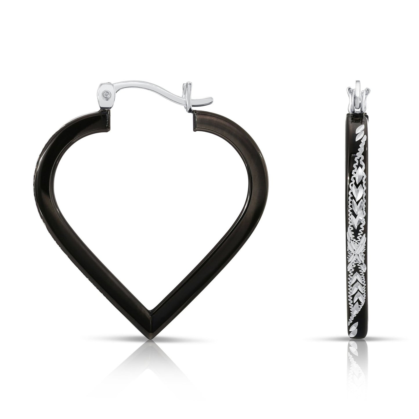 Sterling Silver Fancy Glossy Black Diamond-cut Heart Hoop Earrings