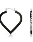 Fancy Glossy Black Diamond-cut Heart Hoop Earrings in Sterling Silver