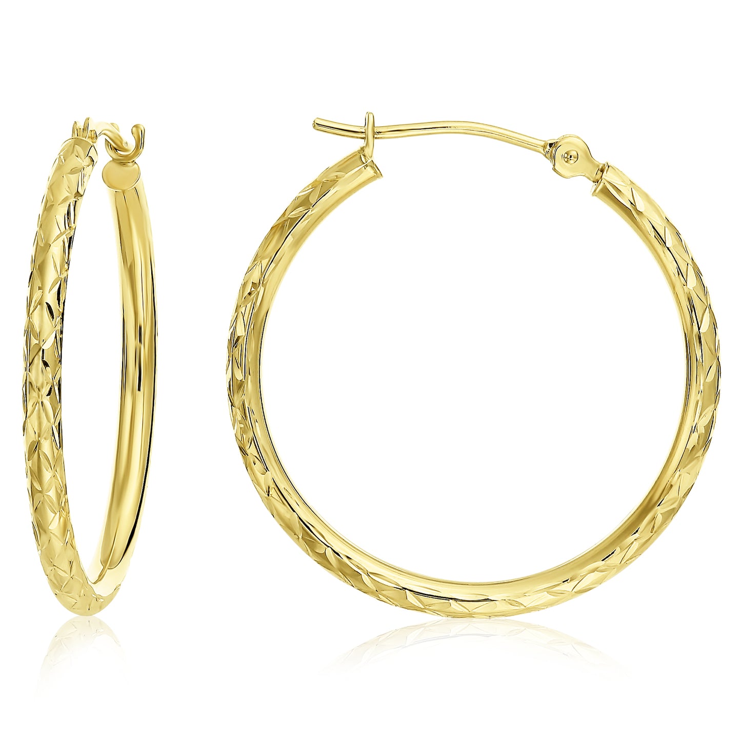 14k Gold X Pattern Diamond Cut Hoop Earrings, 1 Inch