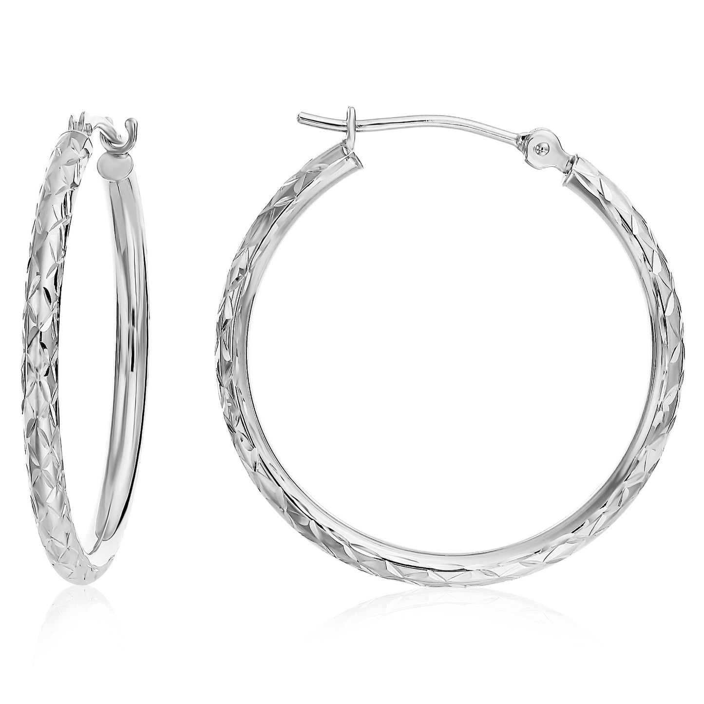 14k Gold X Pattern Diamond Cut Hoop Earrings, 1 Inch