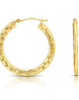 14k Yellow Gold Checkered Diamond-Cut Flat Hoop Earrings