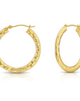 14k Yellow Gold Checkered Diamond-Cut Flat Hoop Earrings