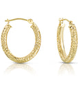 14k Yellow Gold X Pattern Diamond Cut Oval Hoop Earrings