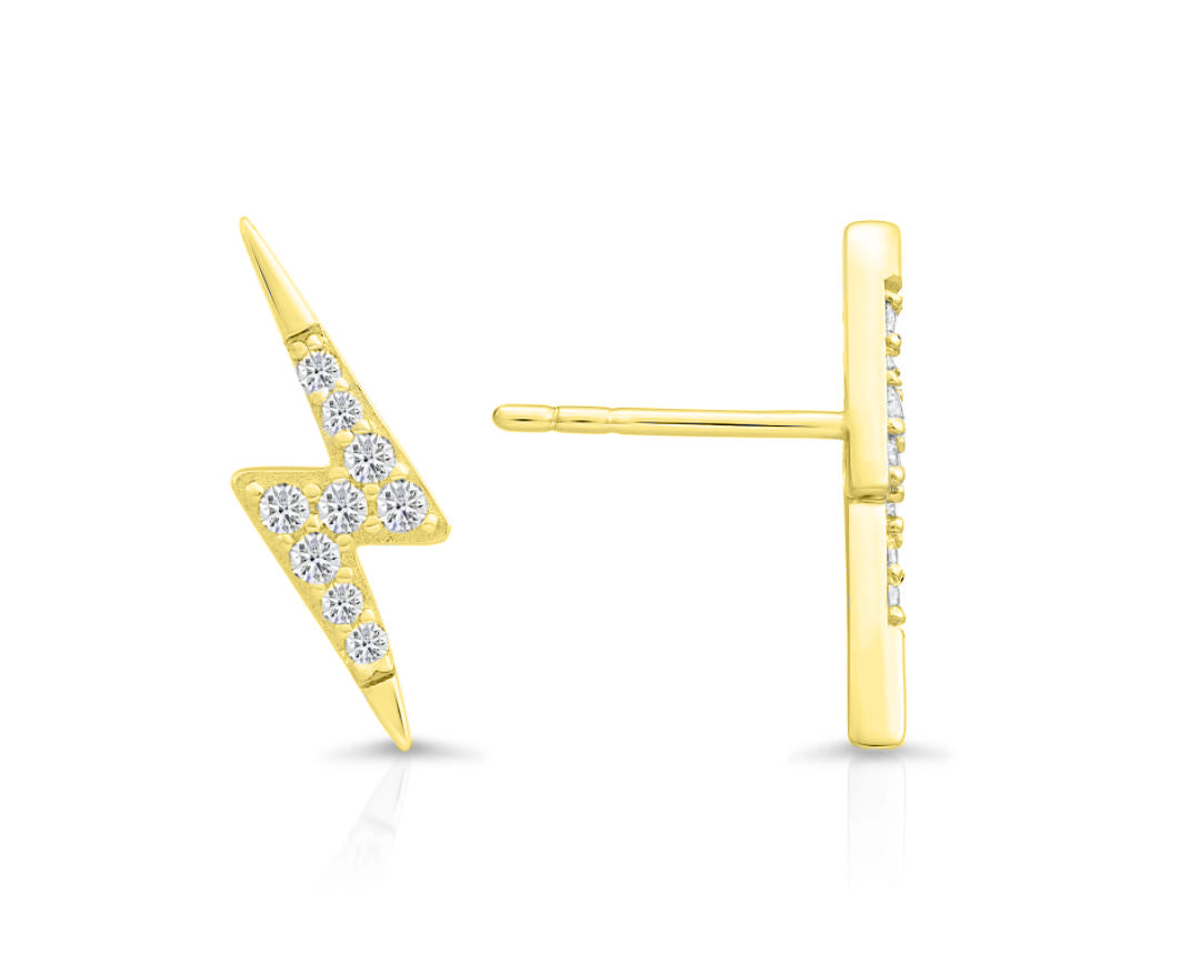Sterling Silver Lightning Bolt Stud Earrings, Gold Plated
