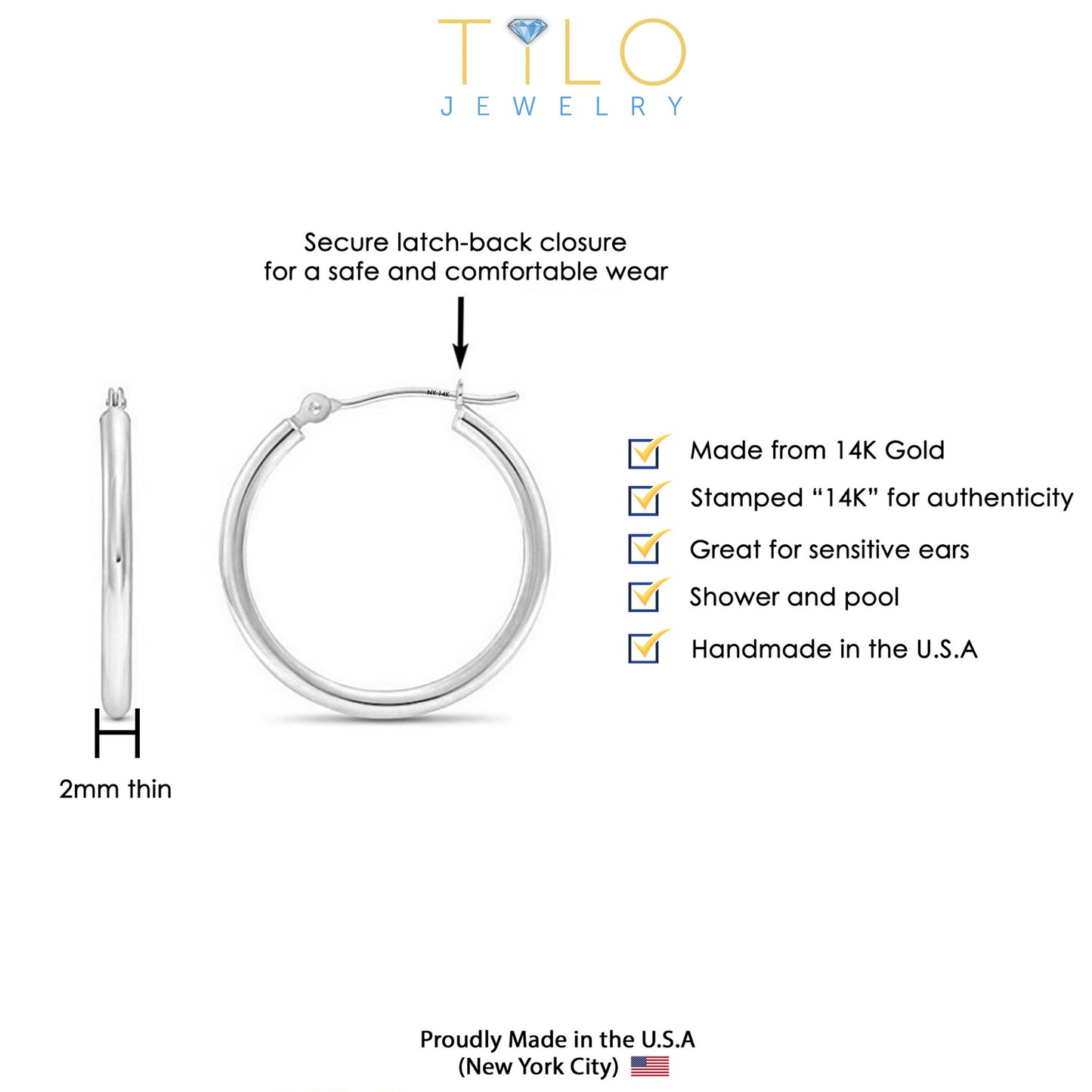14k White Gold Classic Hoop Earrings, 2mm
