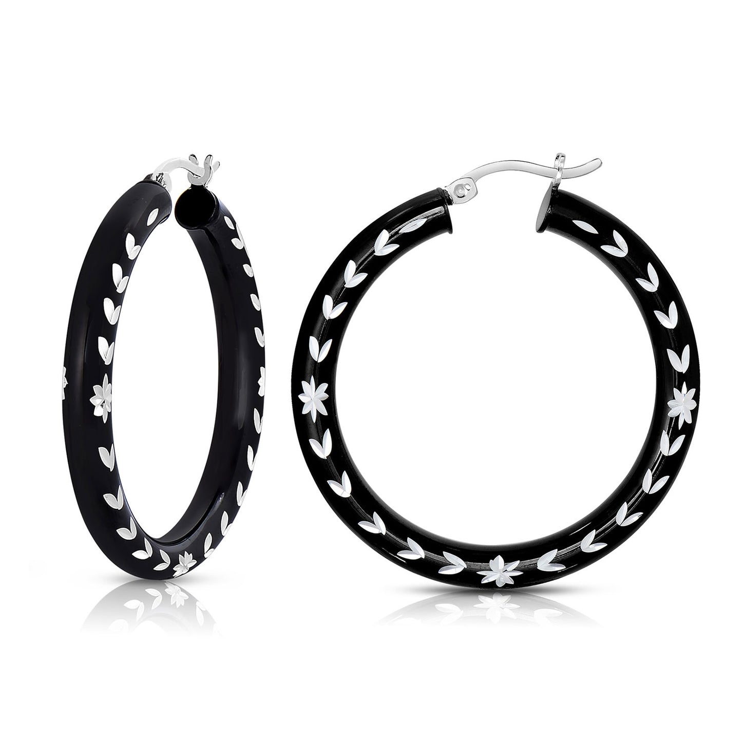 Sterling Silver Glossy Black Floral Diamond Cut Hoop Earrings