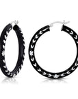 Glossy Black Floral Diamond Cut Hoop Earrings in Sterling Silver