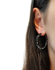 Glossy Black Floral Diamond Cut Hoop Earrings in Sterling Silver