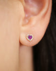 14k Yellow Gold Halo Heart Birthstone Stud Earrings, With Secure Screwbacks, Available in 12 Colors