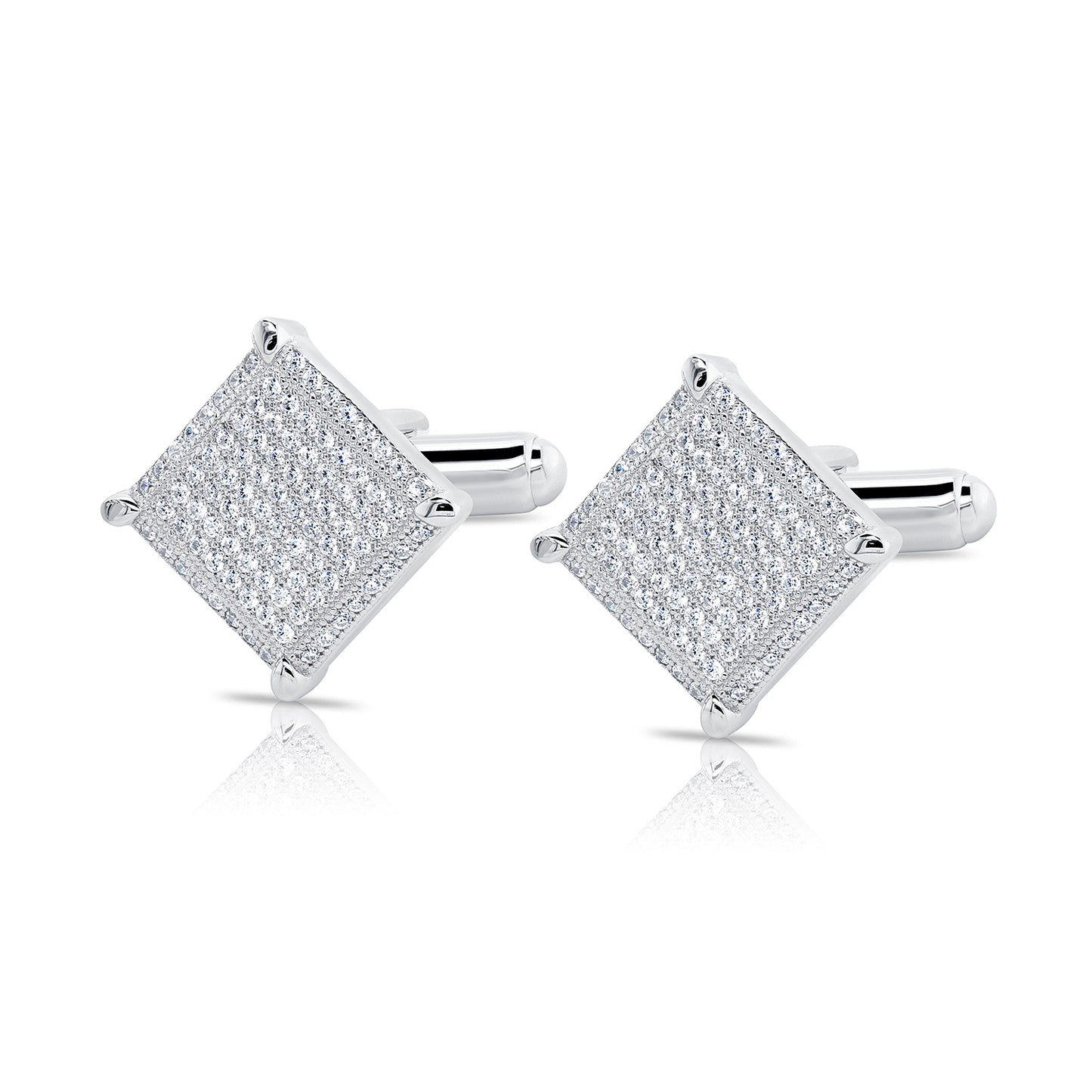 Sterling Silver Square Cuff-Links with Simulated Diamonds