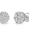 14K White Gold Diamond Cluster Stud Earring with Screw-Back, 1.00 carats