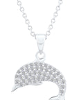 CZ Dolphin Charm Necklace, Tropical Charm Pendant in Sterling Silver