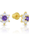 14K Yellow Gold Birthstone Halo Flower Stud Earrings, Available in 12 Colors