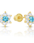 14K Yellow Gold Birthstone Halo Flower Stud Earrings, Available in 12 Colors