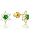 14K Yellow Gold Birthstone Halo Flower Stud Earrings, Available in 12 Colors