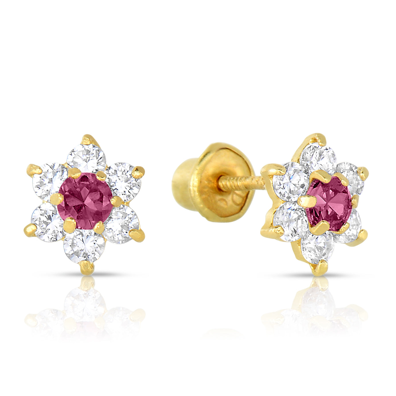 14K Yellow Gold Birthstone Halo Flower Stud Earrings