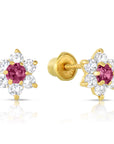14K Yellow Gold Birthstone Halo Flower Stud Earrings, Available in 12 Colors