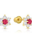 14K Yellow Gold Birthstone Halo Flower Stud Earrings, Available in 12 Colors