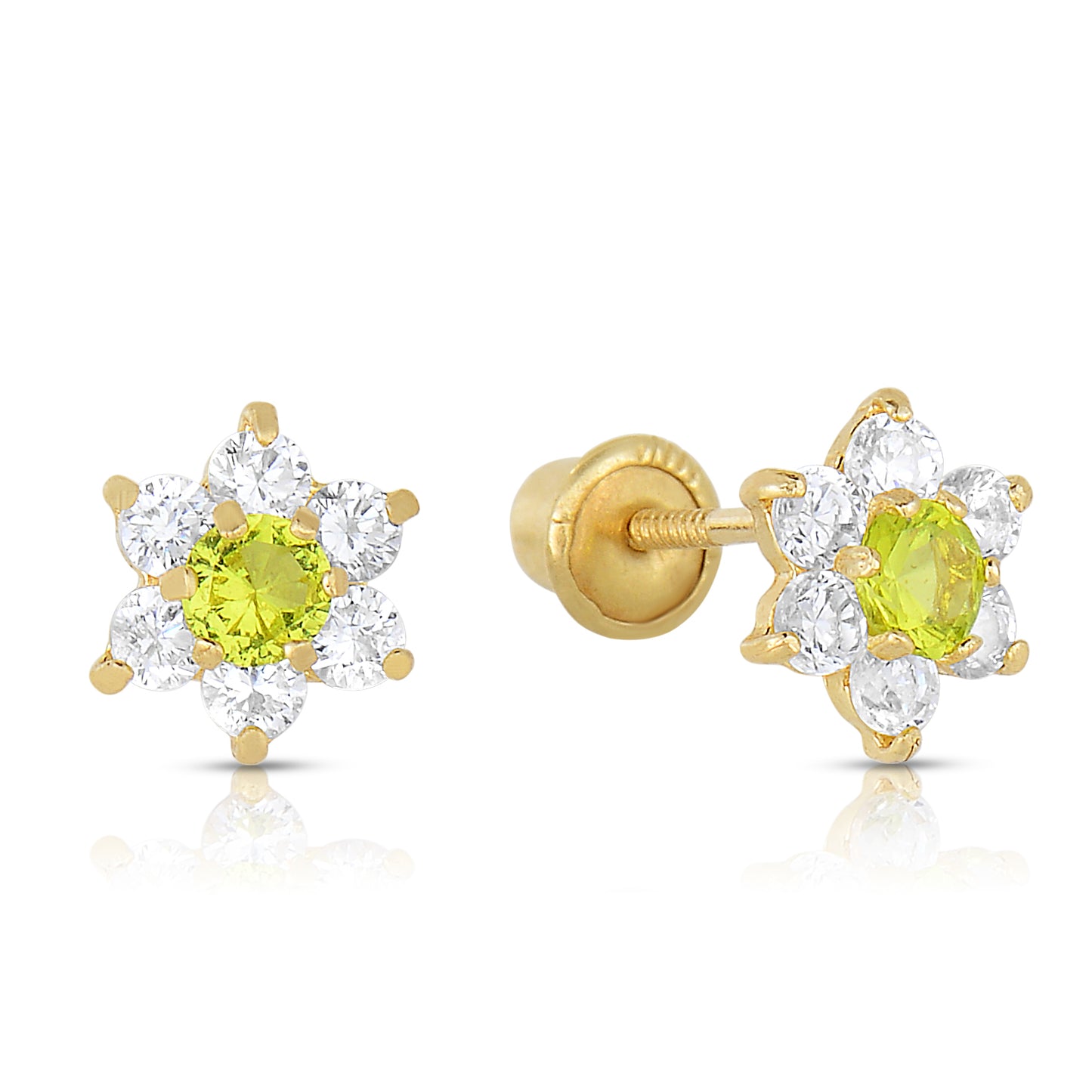 14K Yellow Gold Birthstone Halo Flower Stud Earrings