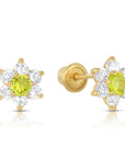 14K Yellow Gold Birthstone Halo Flower Stud Earrings, Available in 12 Colors