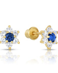 14K Yellow Gold Birthstone Halo Flower Stud Earrings, Available in 12 Colors