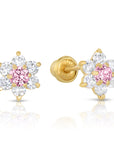 14K Yellow Gold Birthstone Halo Flower Stud Earrings, Available in 12 Colors