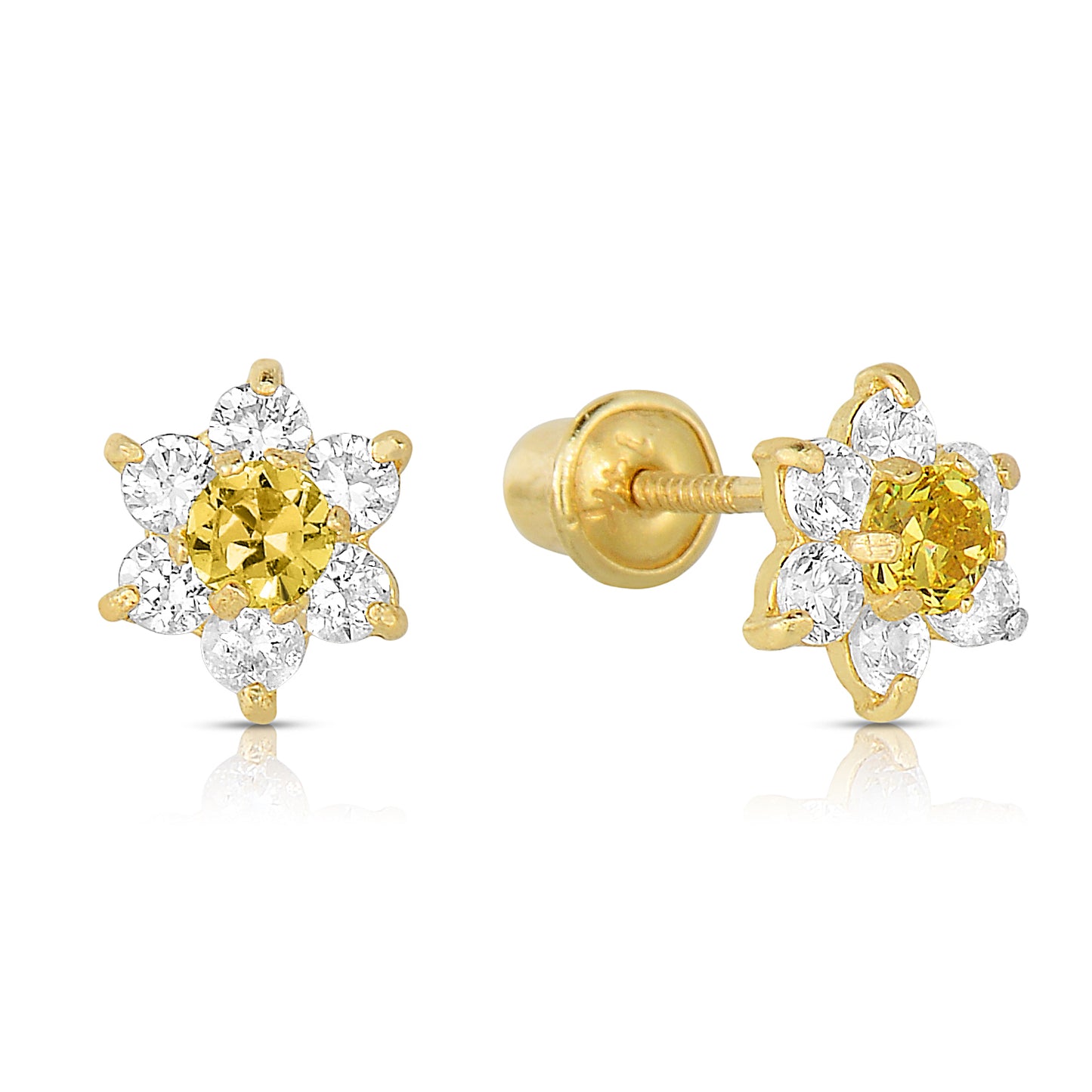 14K Yellow Gold Birthstone Halo Flower Stud Earrings