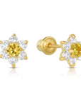 14K Yellow Gold Birthstone Halo Flower Stud Earrings, Available in 12 Colors