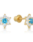 14K Yellow Gold Birthstone Halo Flower Stud Earrings, Available in 12 Colors