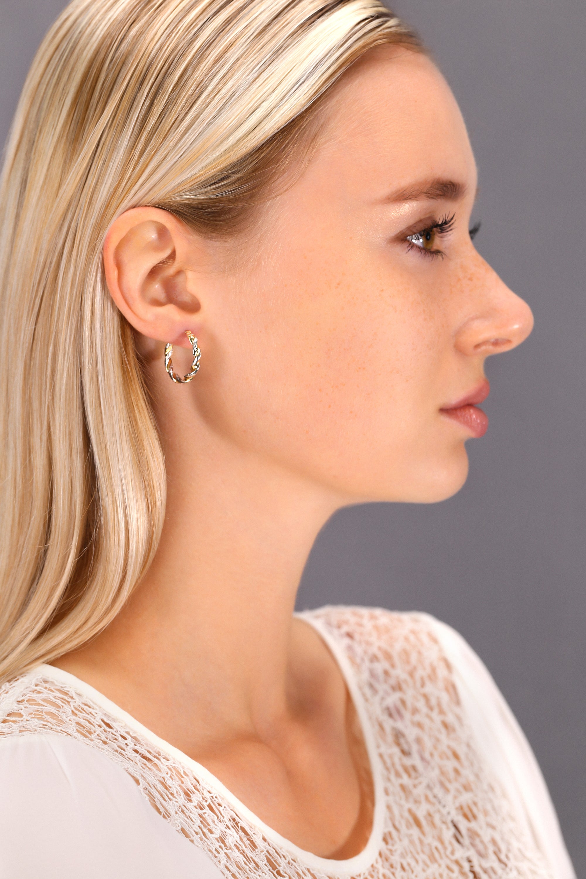 14K Gold Two-Tone Twisted Hoop Earrings With Engraved Diamond-Cuts