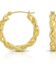 14k Yellow Gold Twisted Round Hoop Earrings with Hand Engraved Design