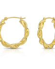 14k Yellow Gold Twisted Round Hoop Earrings with Hand Engraved Design