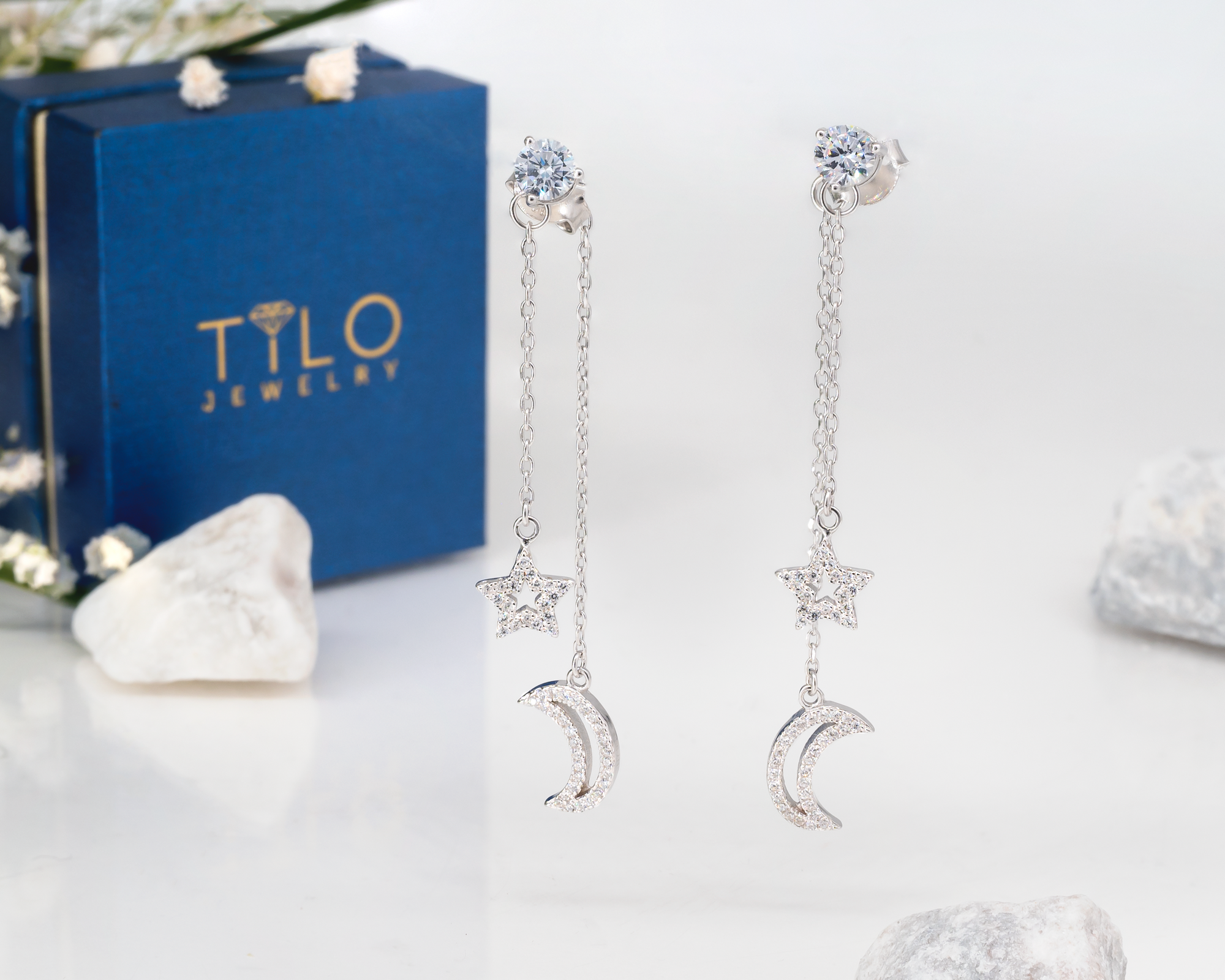 CZ Star and Moon Dangle Earrings in Sterling Silver