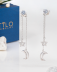 CZ Star and Moon Dangle Earrings in Sterling Silver