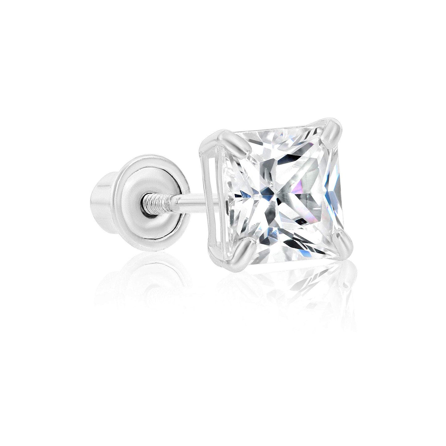 14k White Gold Square Cz Stud, Single Earring, Screwback