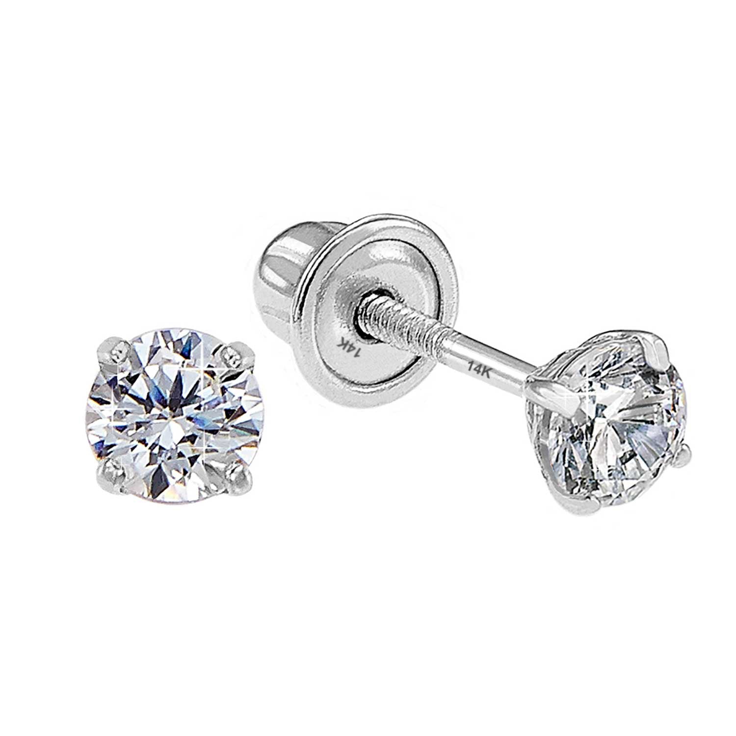 14K White Gold Classic Solitaire Stud Earrings, Screwback 2mm