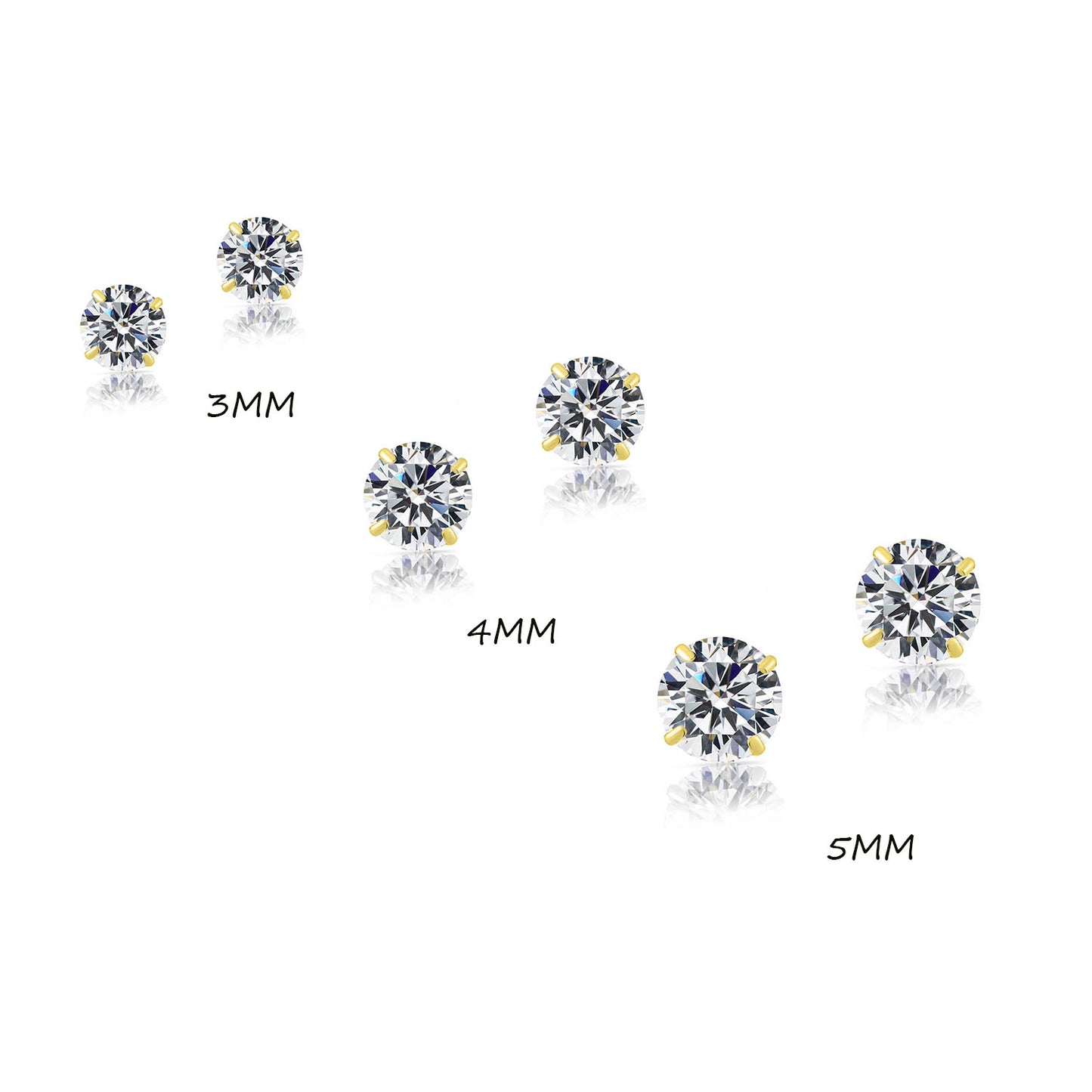 3 PAIR SET! 14k Yellow Gold Classic CZ Stud Earrings with Pushbacks (Unisex)