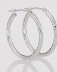 14k White Gold All Around Diamond Cut Hoop Earrings