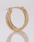 14k Yellow Gold X Pattern Diamond Cut Oval Hoop Earrings