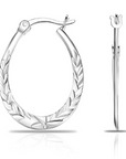 Floral Diamond-cut Oval Hoop Earrings in 925 in Sterling Silver