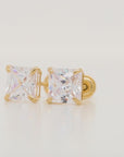 14k Yellow Gold Square Zirconia Stud Earrings, Screwback (Unisex)